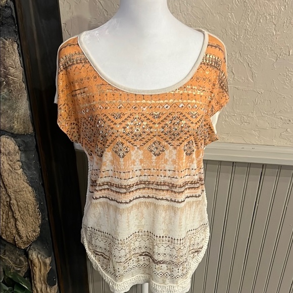 Miss Me Tops - Miss Me Orange and Cream Relaxed Blouse